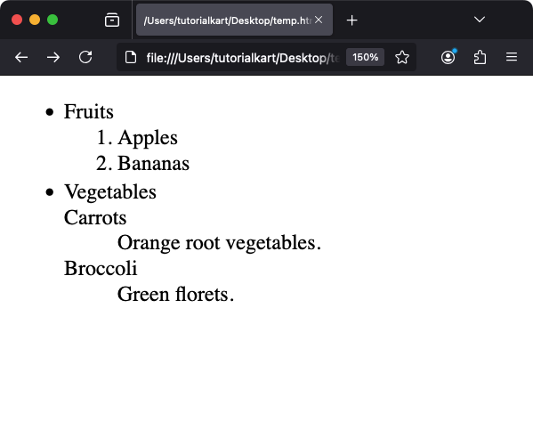 Списки HTML — пример вложенных списков