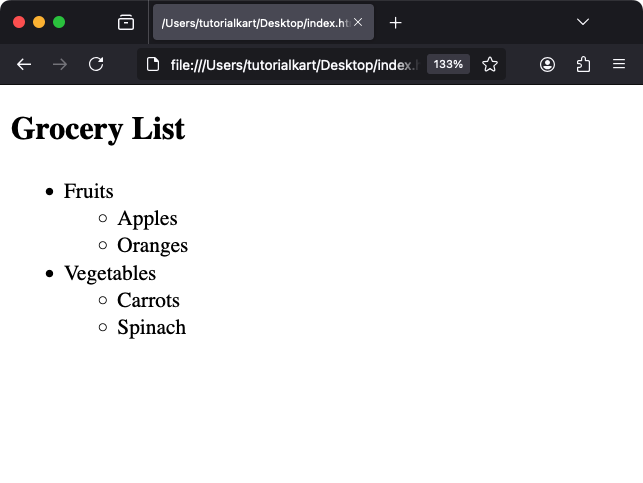 Вложенные неупорядоченные списки с использованием тега ul